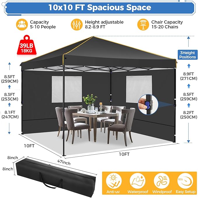 COBIZI 10x10 Pop Up Canopy Tent with Sidewalls and Roll-up Ventilated Windows with Mosquito net, Ez Outdoor Commercial Instant Gazebo Tent for Party Waterproof with Carrybag