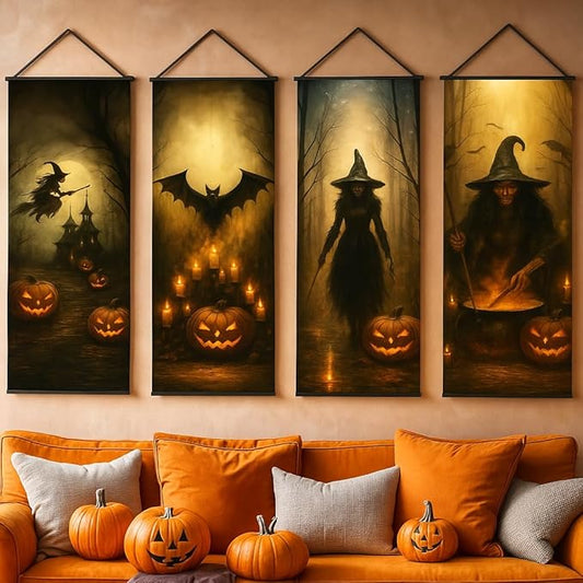 KatchOn, Large Spooky Witch Pumpkin Banner Set – 47x16 Inch, Pack of 4 | Halloween Decorations Indoor | Halloween Hanging Pictures for Photo Backdrop | Haunted Mansion Hanging Banner Decorations