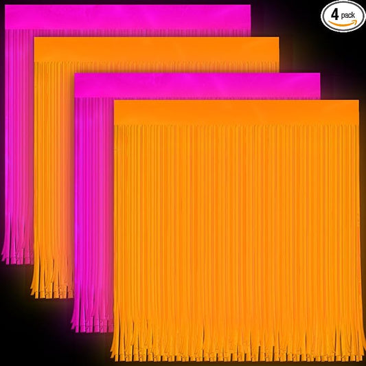 4 Pack Glow in The Dark Curtains Party Supplies 6.6 x 3.3 Ft Glow Tinsel Foil Fringe Curtains Orange Purple Photo Booth Prop Backdrop Streamer for Halloween Holiday Neon Party Decorations