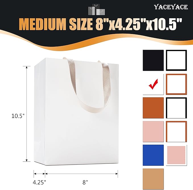 White Paper Gift Bags, 20Pcs 8"x4.25"x10.5" White Kraft Gift Bag with Handles, Medium Gift Bags with Handles Bulk, Paper Shopping Bag Bulk
