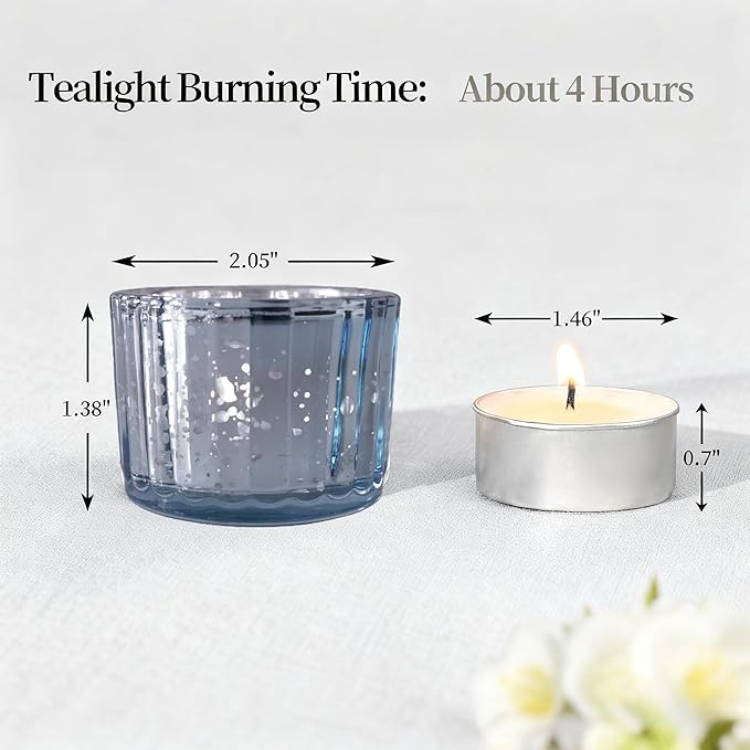 Round Clear Votive Candle Holders Set of 12, Purple Wedding Centerpiece Table Decorations, Mercury Glass Tealight Candle Holder for Bridal Shower, Baby Shower & Home Decor (Blue)