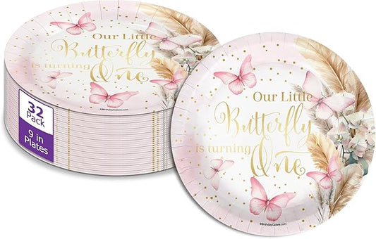 Butterfly Girl's First Birthday - 32 Piece Disposable Party Supplies - Decorations for Floral 1st Birthday Round Party Plates - Large 9" Paper Plates In Bulk