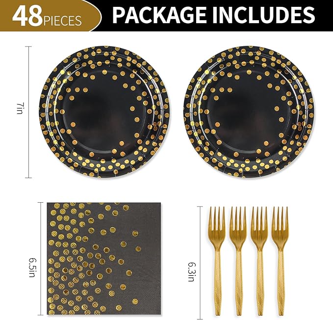 48PCS Black and Gold Plates and Napkins Party Supplies, Gold Dot Disposable Paper Plates and Napkins with Forks Tableware Set for Birthday Wedding Retirement Graduation Party Decorations 16 Guests