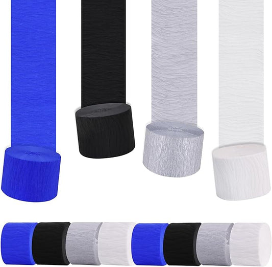 BEISHIDA 8 Rolls Blue Black Silver White Streamers Crepe Paper Streamers for Graduation Party Decorations Men Birthday DIY Craft Paper(1.8 Inch x 82 Ft/Roll)