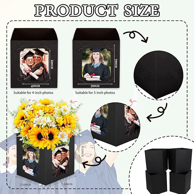 FYSUIMU 12Pcs Graduation Table Centerpieces Box 6/7 Inch Picture Display Reusable Photo Props Box Frame for Congrats Grad Wedding Decor Flower Arrangements, Black