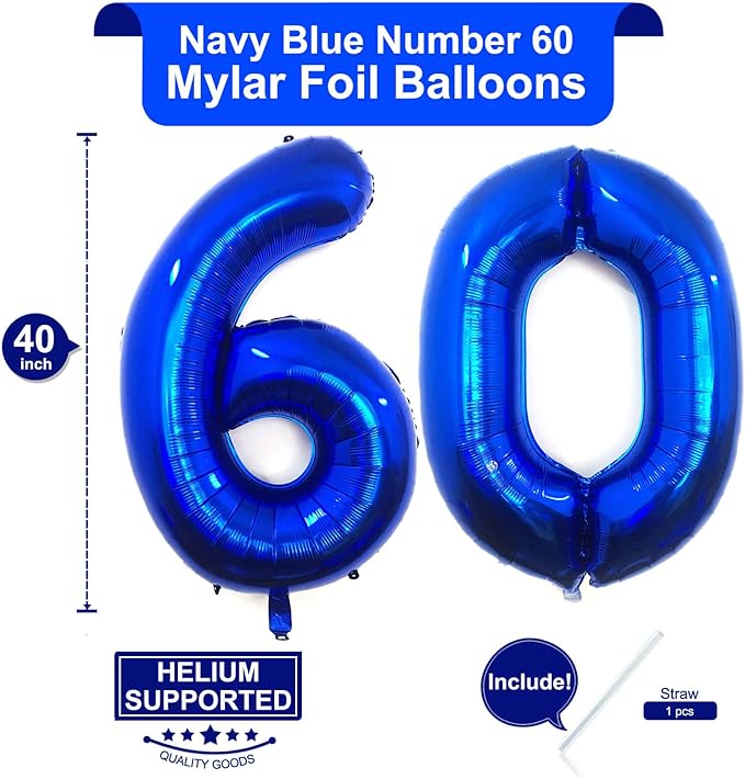 40 Inch Navy Blue 60 Number Balloons Giant Jumbo Huge 60 Foil Mylar Helium Number Digital Balloons Dark Blue Birthday Mylar Digital Balloons 60 Birthday Party 60th Anniversary Events Party Decorations