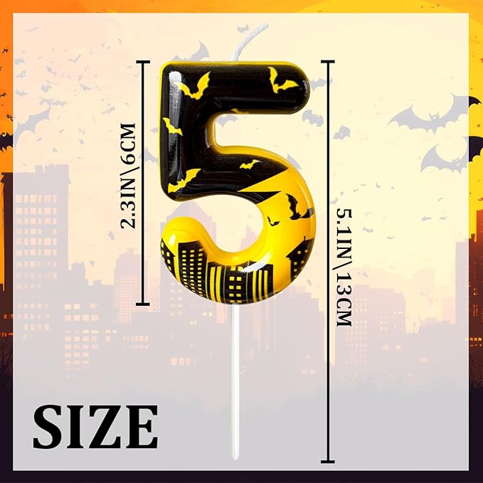 Black Yellow Number 5 Birthday Candle for Cake – Dark Night Hero Style with Bat & City Silhouette Design – Unique Cake Topper for Birthday, Anniversary, Themed Party Decoration