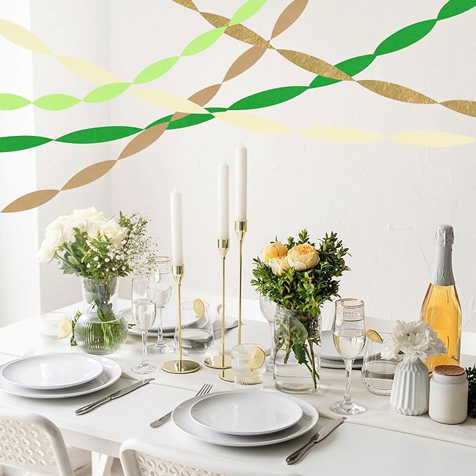 5 Rolls Green & Gold Crepe Paper Streamers, Crepe Paper Craft for Wedding Baby Shower Birthday Bridal Party Engagement Decorations Supplies