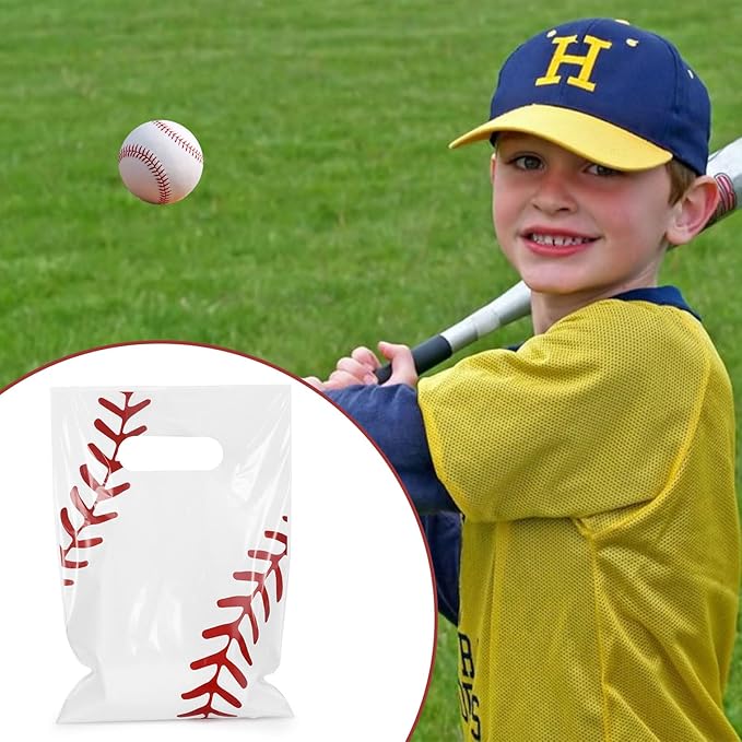 Hxezoc 50 Pieces Baseball Gift Bags with Handle, Plastic Treat Candy Bag Sport Favor Bags For Birthday Party Decoration Supplies