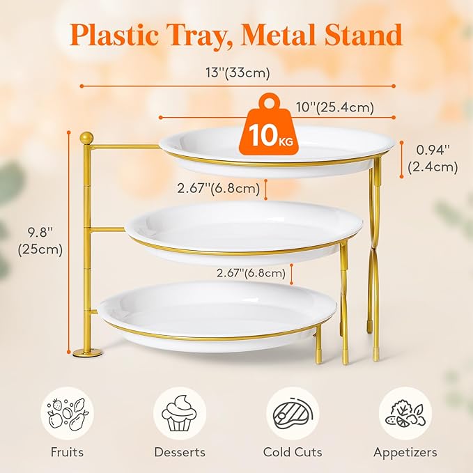 Lifewit Plastic 3 Tier Serving Tray for Party, 25 cm/10" White Reusable Round Serving Platters with Black Collapsible Metal Stand, Decorative Dessert Table Display Set for Veggie, Fruit, Cookies