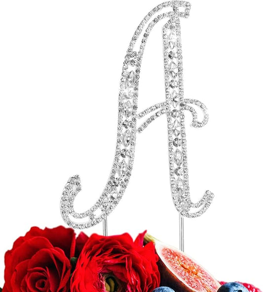 LINGPAR Letter A Cake Topper Rhinestone Crystal Silver Letter for Wedding or Anniversary Birthday Party Decoration Supplies