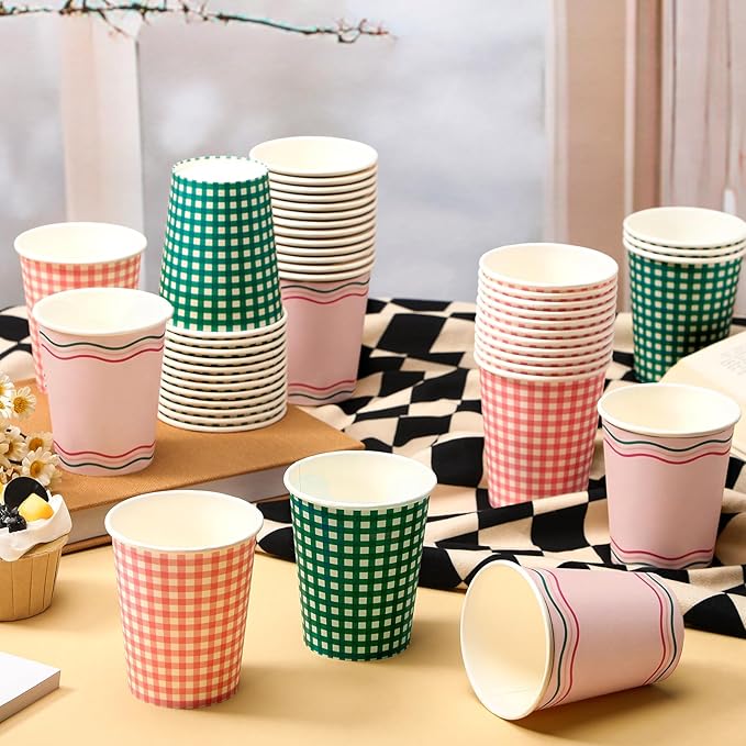 Yungyan 48 Pcs Camp Gingham Disposable Paper Cups Camp Bachelorette Party Supplies 9 oz Pink and Green Plaid Checkered Drinking Cups Picnic Travel Party Favors for Holiday Birthday Bridal Shower