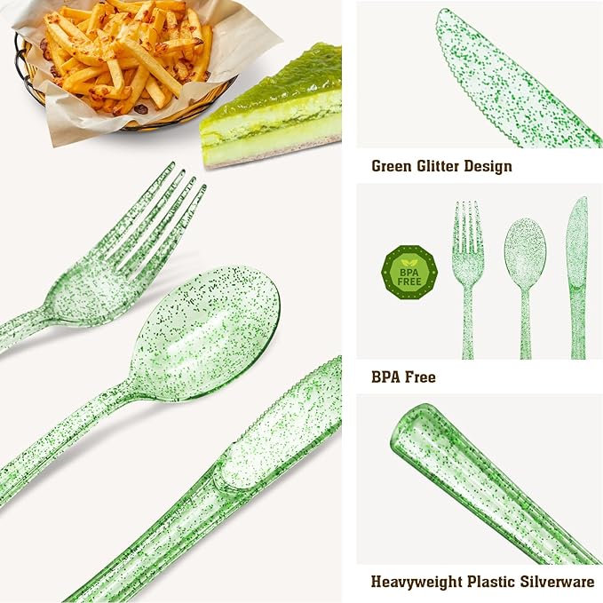 150 PCS Green Plastic Silverware, Green Glitter Plastic Utensils - 50 Forks, 50 Knives, 50 Spoons for Birthday, Baby Shower, Picnic, Graduation Party