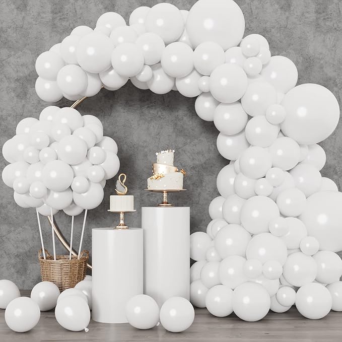 RUBFAC White Balloons 129pcs Different Sizes 18 12 10 5 Inch for Garland Arch, Latex Balloon for Engagement Wedding Anniversary Birthday Party Baby Shower Decoration
