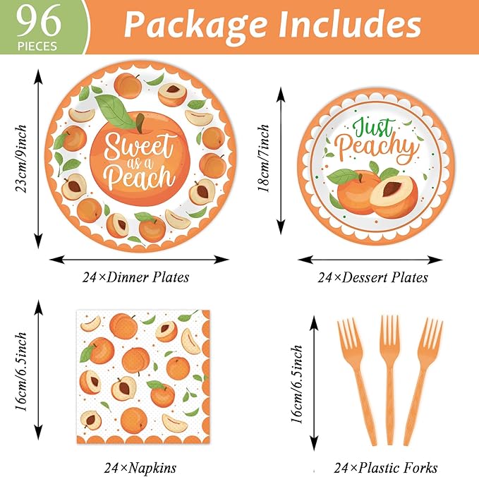 chiazllta 96 Pcs Peaches Party Decorations Peach Fruit Paper Plate and Napkins Fruit Theme Birthday Disposable Tableware Sweet as a Peach Party Supplies Party Favors for 24 Guests