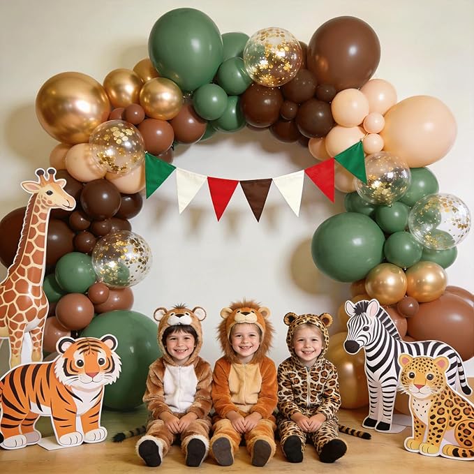Sage Green Brown Balloons Arch Kit, Woodland Safari Balloon Garland with Sage Green Dark Brown Nude Metallic Gold Confetti Latex Balloons Garland for Birthday Party Jungle Dinosaur Forest Decorations