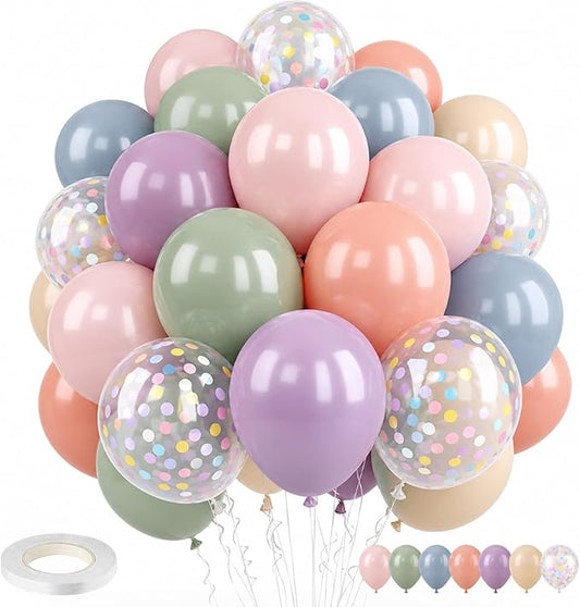 Pastel Balloons,50PCS 12 Inch Retro 6 Color Blue Purple Green Pink Orange Beige Boho Latex Party Balloon for Colorful Ballon Birthday Graduation Anniversary Shower Easter Wedding Decorations