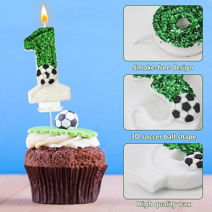 Soccer Birthday Candles, Soccer Cake Topper for Girl and Boy, Wedding Cakes, Anniversaries, Party Celebrations, Birthday Decorations (Green White, Number 1)