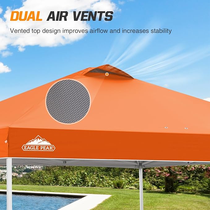 EAGLE PEAK Pop Up Canopy Tent with Wheeled Carry Bag, 8 Stakes, 4 Ropes, 4 Weight Bags, Easy Set Up Tent Canopy, 10x10 ft, 100sqft of Shade, Orange