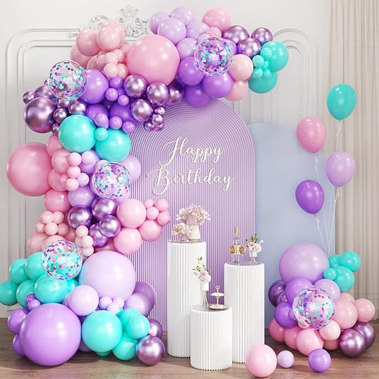 Mermaid Balloon Garland Arch Kit, 167Pcs Cotton Candy Pink Lavender Lilac Metallic Purple Teal Blue Latex Balloons for Women Girl Birthday Baby Shower Ocean Themed Party Decorations