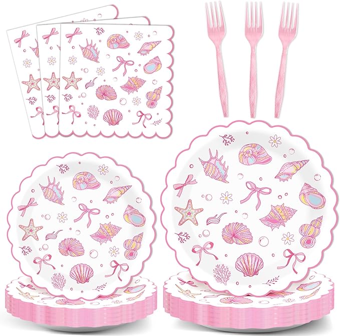 96pcs Scalloped Coastal Party Supplies Tropical Pink Bow Starfish Seashell Plates and Napkins Tableware Set Ocean Theme Party Decorations for Summer Beach Wedding Birthday Bachelorette for 24 Guests