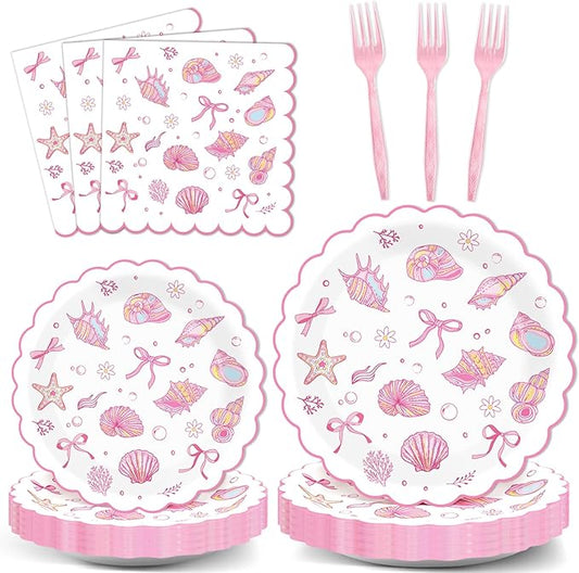 96pcs Scalloped Coastal Party Supplies Tropical Pink Bow Starfish Seashell Plates and Napkins Tableware Set Ocean Theme Party Decorations for Summer Beach Wedding Birthday Bachelorette for 24 Guests