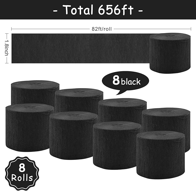 8 Rolls Black Crepe Paper Streamers Black Party Streamers Photo Booth Backdrop for Birthday Wedding Graduation Halloween New Year Holiday Decorations（Total 656ft,1.8Inch x 82Ft/Roll）