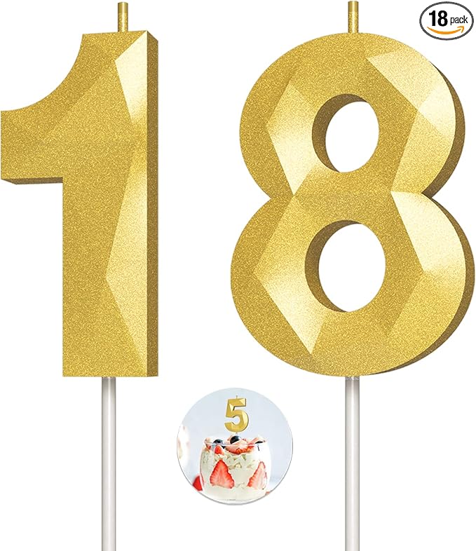 Number Birthday Candles(18 Candle Gold) 3D Diamond Shape Number Happy Birthday Cake Candles for Birthday Party Wedding Decoration Reunions Theme Party