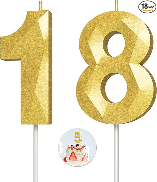 Number Birthday Candles(18 Candle Gold) 3D Diamond Shape Number Happy Birthday Cake Candles for Birthday Party Wedding Decoration Reunions Theme Party