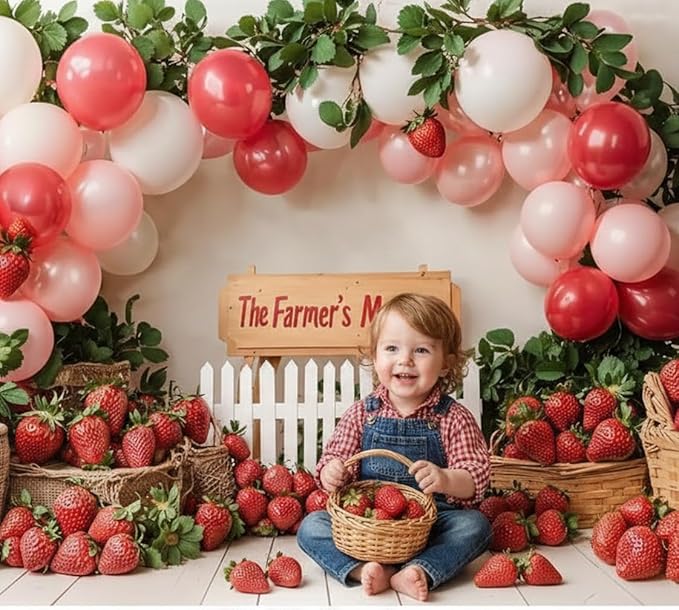 Kate 10x6.5ft Red Strawberry Backdrops for Photography Farmer's Market Background Colorful Balloons Sweet Birthday Party Studio Backdrop