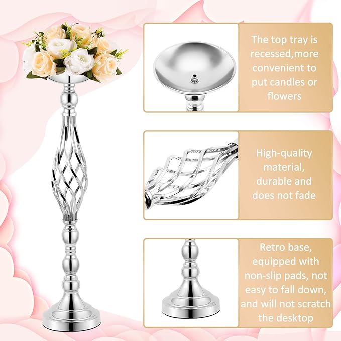 12 Pcs Metal Wedding Flower Stand Bulk Table Centerpieces, Tall Silver Flower Arrangement Vase Candle Holder Stand for Wedding Reception, Birthday, Party, Hotel Decor, Twist Style, 3 Sizes