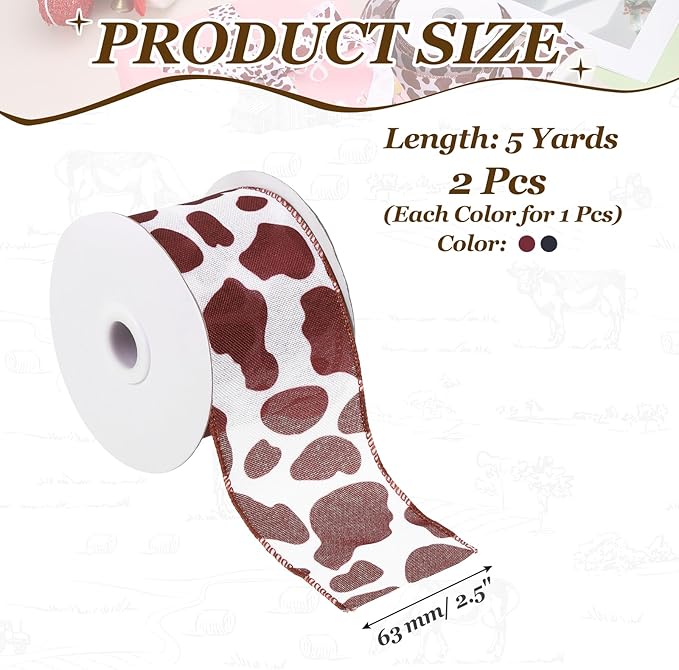 PATIKIL 2 Rolls Cow Print Ribbon Set, 10 Yards Grosgrain Animal Print 2.5" Width Western Farmhouse Ribbons for Gift Wrapping, Party Decorations, DIY Crafts, Black/Brown