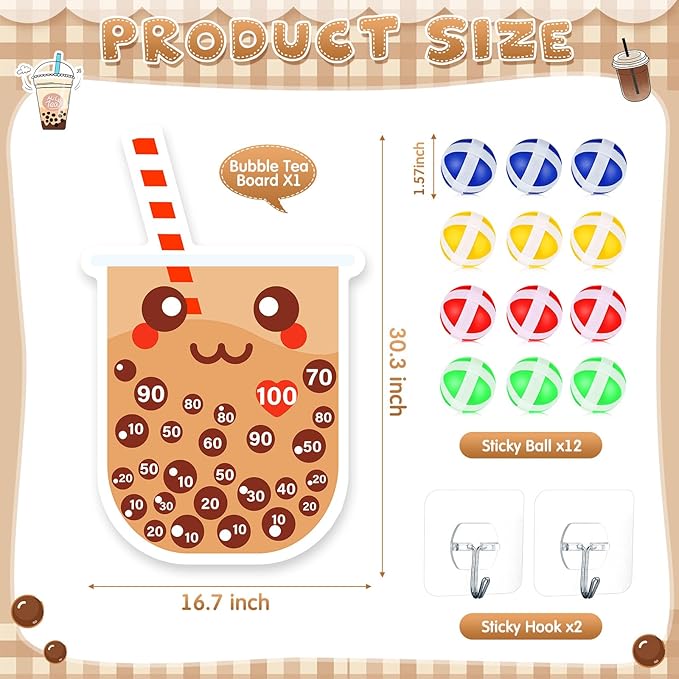 HyDren Tea Party Game Bubble Tea Party Favors 30x20 Dart Board with 12 Sticky Balls Toys Gift Exchange for Indoor Outdoor Game Party Slumber Party