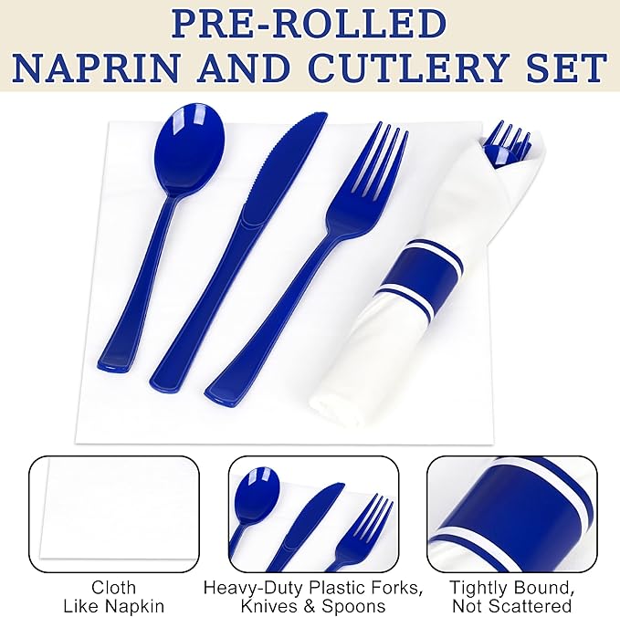 50 Pack Pre Rolled Blue Plastic Silverware Set,Wrapped Plastic Cutlery Set with Napkin Include 50 Forks,50 Spoons,50 Knives and 50 White Napkins for Party,Wedding,Christmas