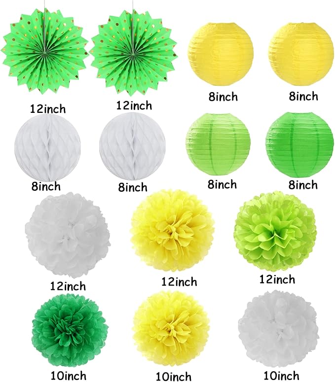 Yellow-White Green Party-Decorations Streamers-Lanterns - 14pcs Spring Summer Garden Tea Paper Fan,Birthday Baby Bridal Shower Wedding Tissue Pom Poms,Classroom Honeycomb Balls Decor Lasting Surprise