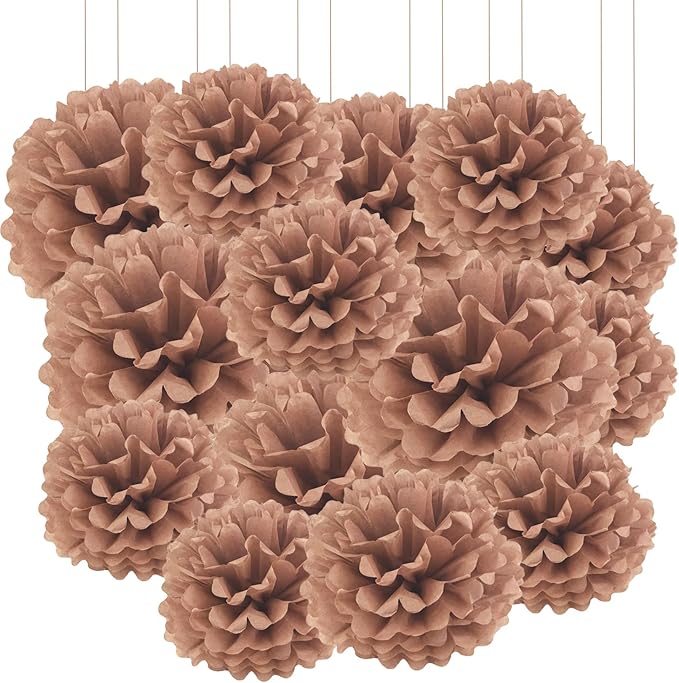 Qimoo 20pcs Coffee Paper Pom Poms Decorations, DIY Decorative Tissue Paper Pom-poms Flowers Ball for Party Wedding Outdoor Decoration