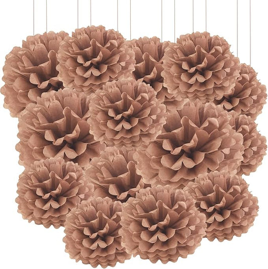 Qimoo 20pcs Coffee Paper Pom Poms Decorations, DIY Decorative Tissue Paper Pom-poms Flowers Ball for Party Wedding Outdoor Decoration