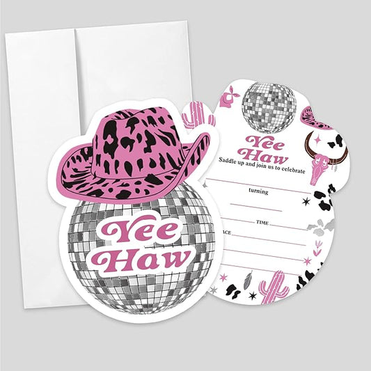 AEHIE 20 Sets Yeehaw Western Girl Birthday Party Shaped Fill-In Invitations With Envelopes,Hot Pink Disco Ball Party Invitation Invite Cards for Girls,Western Birthday Party Invites