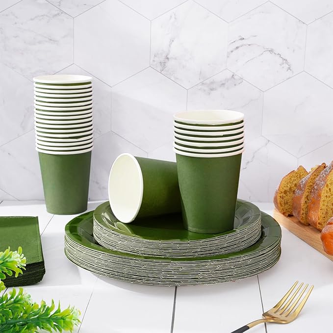 Whaline 100Pcs Olive Green Tableware Set Wedding Disposable Dinnerware Set 50Pcs Paper Plates 25Pcs Napkin 25Pcs Cups for Birthday Bride Shower Party Supplies Table Decorations