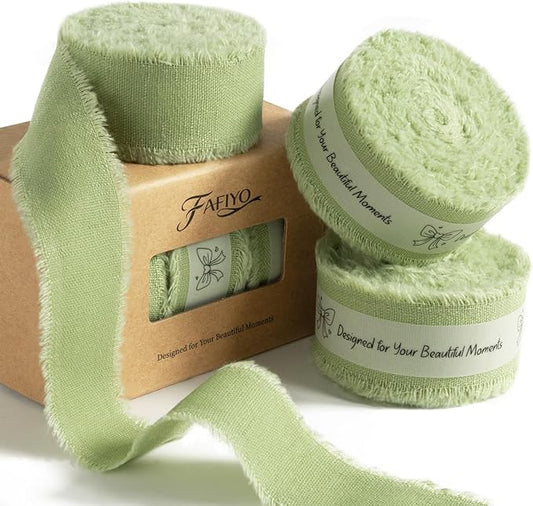 Sage Green Cotton Ribbon 1 Inch Sage Green 3 Rolls 21 Yards Frayed Edge Fabric Set for Wedding Invitations, Bridal Bouquet Wrap, Baby Shower Decor, Garden Party & Gift Wrapping