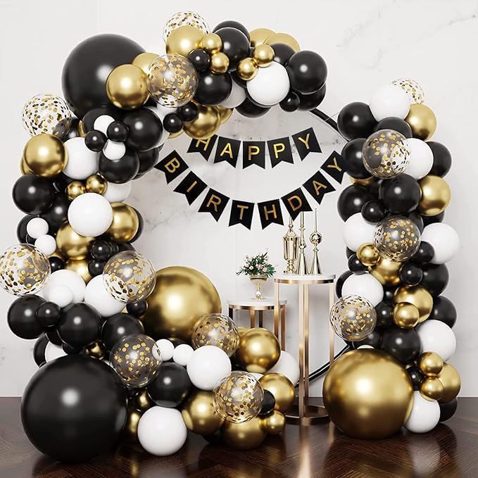 RUBFAC Black and Gold Balloons, 2026 Graduation Party Decorations Balloons 65pcs 12 Inches Black Gold White Confetti Party Balloon for Birthday Decorations