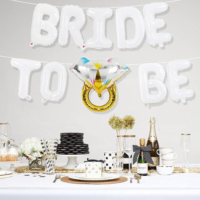 Bachelorette Party Decorations, White Bride To Be Bridal Shower Letter Balloons Banner with Diamond Ring Mylar Foil Balloon for Engagement Wedding Photo Booth Hen Night Room Party Decor