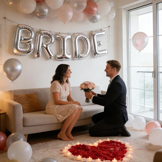 Silver BRIDE Letter Balloons 40 Inch, Big Balloons Banner for Wedding Engagement Bachelorette Bridal Shower, Bride To Be Party Decorations and Supplies