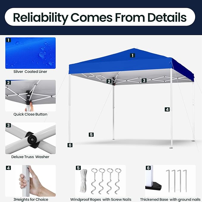 Shades 10x10 Pop Up Canopy, Heavy Duty Beach Tent with Carrying Bag for Easy Moving, Sun Shelter for Parties, Events, Camping, Outdoor Gazebo with 420D PU Coated Waterproof Blue Fabric