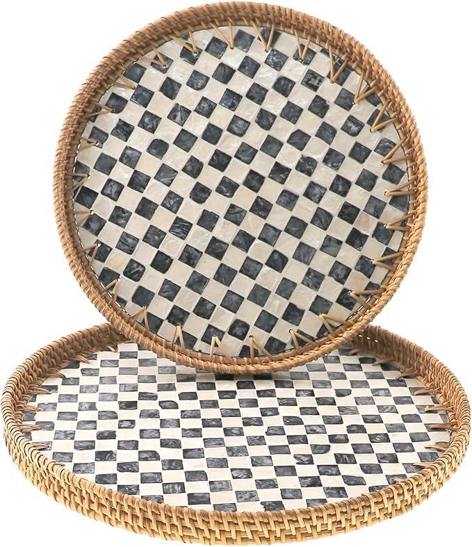 Round Rattan Tray with Mother of Pearl Inlay, Handwoven Wicker Coffee Table Serving Basket Tray for Fruit Snack Party Picnic Cafe Bedroom Kitchen Home Decor Set of 2 (Checkerboard)