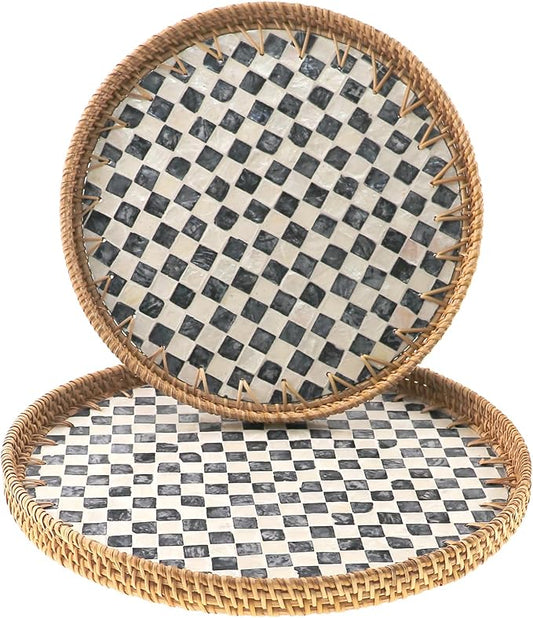 Round Rattan Tray with Mother of Pearl Inlay, Handwoven Wicker Coffee Table Serving Basket Tray for Fruit Snack Party Picnic Cafe Bedroom Kitchen Home Decor Set of 2 (Checkerboard)