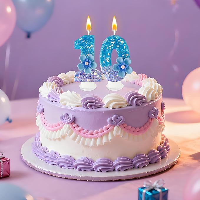Blue Purple Flower Birthday Number Candles, Flower Theme Party Decorations, Cupcake Decorations, Suitable for Party Celebrations, Boys and Girls Birthday Decorations（10）
