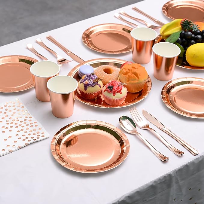 200 Pieces Solid Rose Gold Party Supplies - Rose Gold Paper Plates & Napkins Cups Silverware Serves 25 Sets for Wedding Bridal Shower Engagement Birthday Parties (Rose gold)