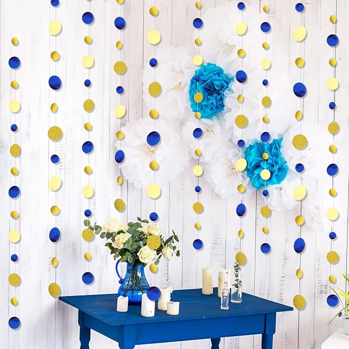 Outus 10 Pieces Blue,Gold Round Dots Garland Graduation Party Hanging Decor Each Length 13.1ft Glitter Paper Dot Streamers for Birthday Wedding Classroom Supplies