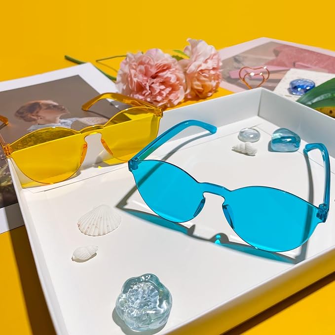 SUNOVELTIES 18/40 Pack Round Shaped Rimless Sunglasses Transparent Candy Color Party Glasses Colored Eyewear for Women